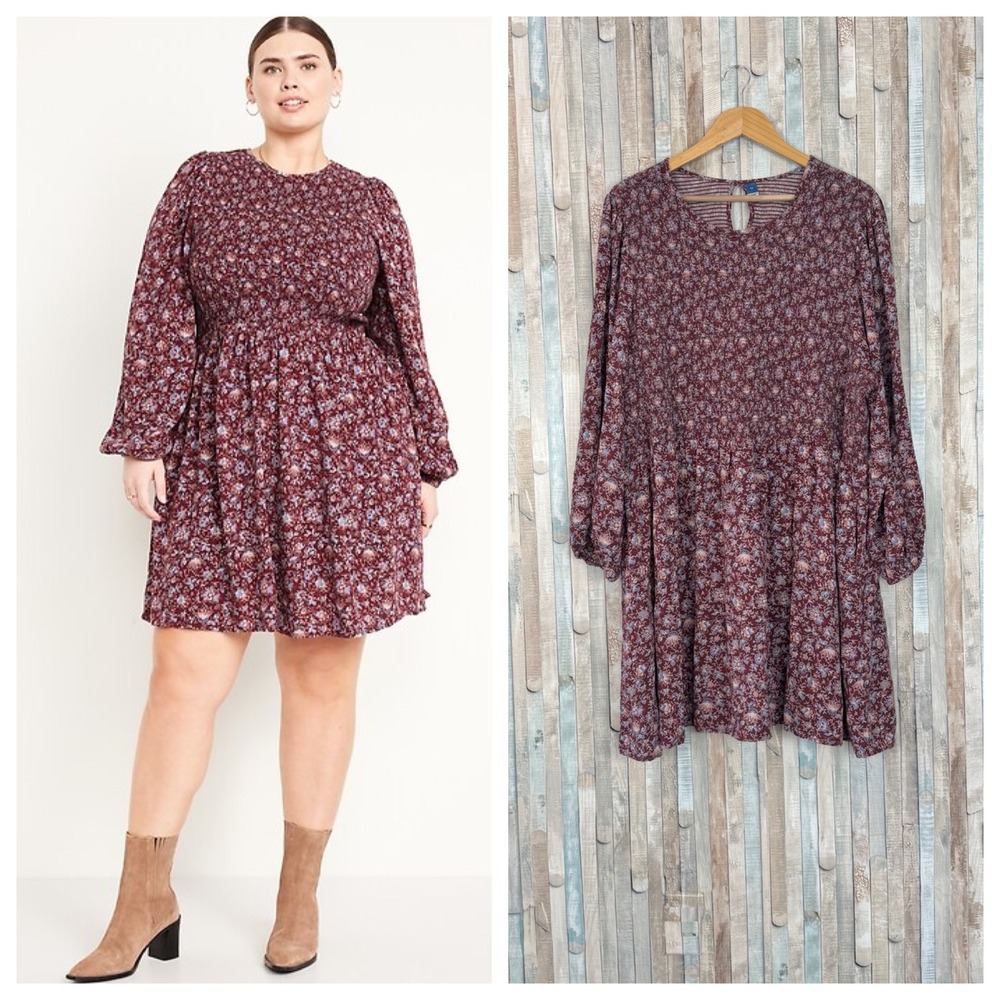 Old Navy 4X Burgundy Ditsy Floral Smocked Fit & Flare Long Sleeve Mini Dress